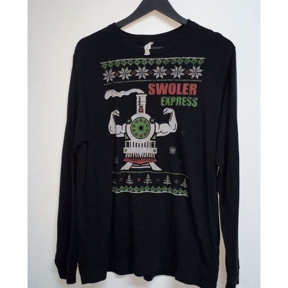 Mens Novelty Long Sleeve Christmas Tee T-shirt Size XL Black Swoller Express - Picture 1 of 5